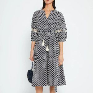 Mango Navy blue and white quarter sleeve midi dress with tassels